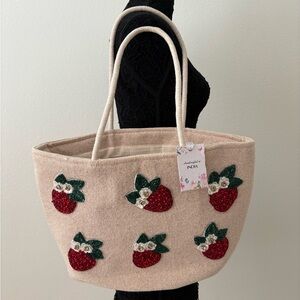 Strawberry Embellished Beige Tote Bag